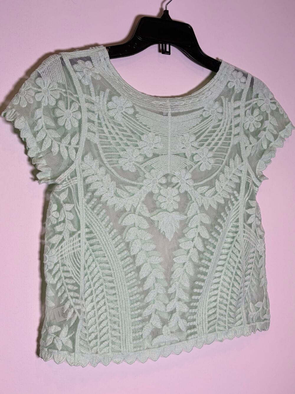 Express Lace Crop Top XS Mint Floral Embroidered Sheer Boho